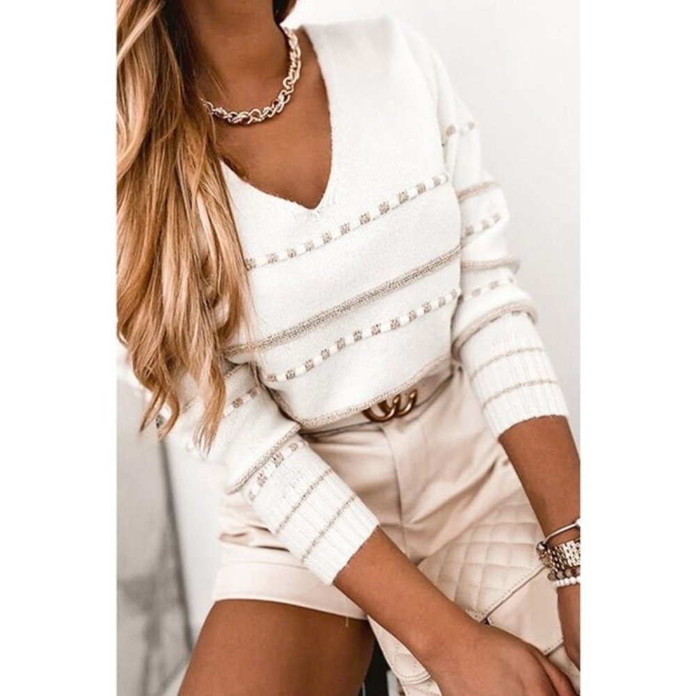 NEW - Multi pattern stripe detail v-neck sweater